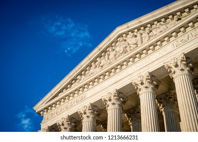 Equal Justice Under Law Inscription Close Up On The Neoclassical Pediment Of The US Supreme Court Building In Washington DC, USA