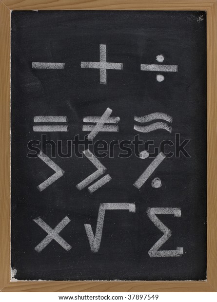 equation shapes -\
mathematical symbols sketched with thick white chalk lines on\
blackboard with eraser\
smudges