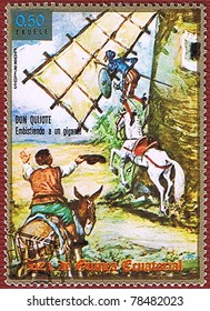 EQUATORIAL GUINEA - CIRCA 1975: A stamp printed in Equatorial Guinea shows Don Quixote, series, circa 1975