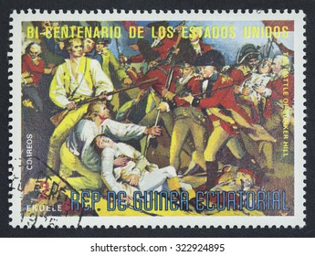 EQUATORIAL GUINEA  - CIRCA 1976: A Stamp Printed In GUINEA  Issued For The Bicentenary Of American Revolution Shows The Painting Of The Battle Of Bunnker Hill, Circa 1976.