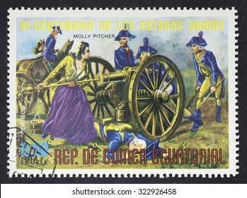 EQUATORIAL GUINEA  - CIRCA 1976: A Stamp Printed In GUINEA  Issued For The Bicentenary Of American Revolution Shows The Painting Of Molly Pitcher, Circa 1976.