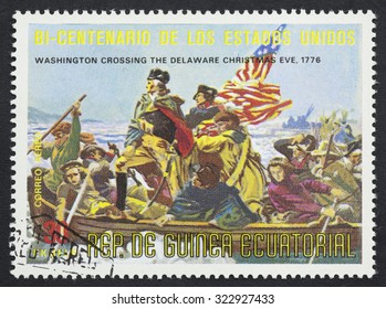 EQUATORIAL GUINEA  - CIRCA 1976: A Stamp Printed In GUINEA  Issued For The Bicentenary Of American Revolution Shows The Painting Of Washington Crossing The Delaware, Christmas Eve, Circa 1976.