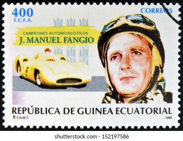 EQUATORIAL GUINEA - CIRCA 1995: A Stamp Printed In Guinea Dedicated To Car Champions, Shows Juan Manuel Fangio, Circa 1995