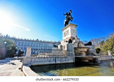 The Equestrial Monument to Philip IV of Spain, or Fountain of Philip IV, a memorial to Philip IV of Spain in the centre of Plaza de Oriente, Madrid, Spain