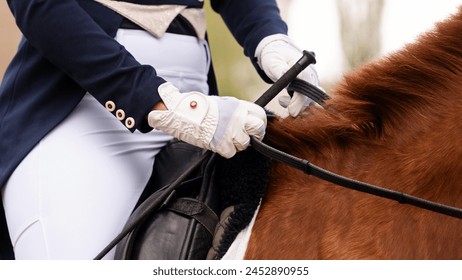 Equestrian in formal attire riding a chestnut horse. Crop image. Dressage. Female jockey in uniform. Equestrian sport. Horseback riding school - Powered by Shutterstock