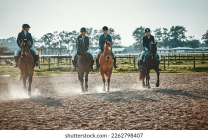 Equestrian, group and women on a horse for sports, training and show on farm in Switzerland. Learning, lessons and girls horseback riding for a race, competition or professional event in countryside - Powered by Shutterstock