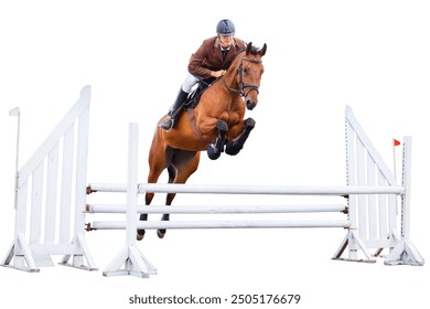 Equestrian rider clears a jump on a horse during a sunny day in an showjumping competition. Isolated on white background - Powered by Shutterstock