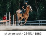 Equestrian rider on a horse jumping over a hurdle during an outdoor competition. The rider and horse demonstrate skill and coordination.