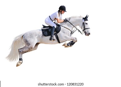 Equestrian sport: young girl in jumping show (isolated on white) - Shutterstock ID 120831220