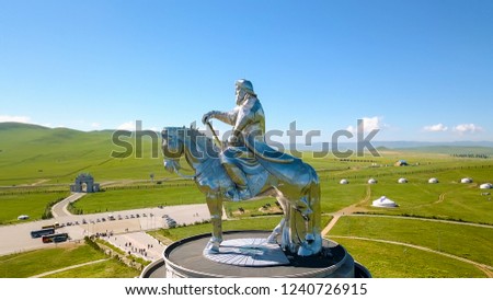 Equestrian statue of Genghis Khan in sunny weather. Mongolia, Ulaanbaatar, From Drone  