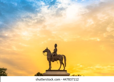 The Equestrian Statue Of King Rama V Under Sunset