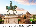 The equestrian statue of Victor Emmanuel II above the Altar of the Fatherland, Rome, Italy