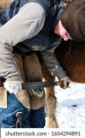 Equine podiatrist cleaning and trimming horse hoof on West Virginia family farm, Webster County, West Virginia, USA, December 9, 2009