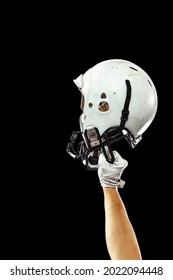 Equipment For American Football. Human Hand Holding White Helmet Isolated On Dark Studio Background. Concept Of Sport, Competition, Goals, Achievments. Copy Space For Ad