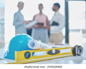 Equipment Or Architecture Tools In An Office Of Engineers Planning During A Meeting In A Boardroom. Drawing Or Blueprint Project On A Workplace Desk Or Table For Construction Design