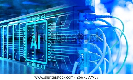 Equipment for artificial intelligence. AI development. Network technologies. Internet equipment with AI logo. Artificial intelligence technology internet modem with AI symbol close-up.