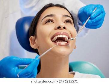 Equipment, face and mouth with woman at dentist for oral hygiene or dental care appointment closeup. Hands, healthcare and medical tools with patient or tools at clinic for checkup or cleaning - Powered by Shutterstock