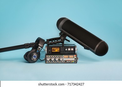 Equipment For Field Audio Recording On Blue Background