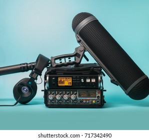 Equipment For Field Audio Recording On Blue Background