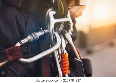 Equipment Of Industrial Mountaineer Laborer On Roof Of Building During Industry High-rise Work. Worker Equipments Before Starting Job. Rope Laborer Access. Concept Of Urban Works. Copy Space