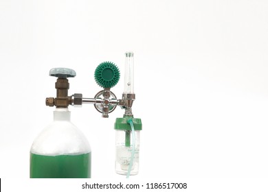 Equipment Medical Oxygen Tank And Cylinder Regulator Gauge.Control Pressure Oxygen Gas For Care A Patient Respiratory Disease And Emergency CPR At Hospital, Close Up Focus On White Background.