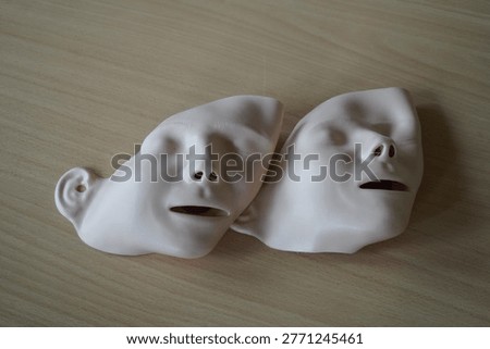 Equipment on The Class Table for CPR Aid Dummy Medical Training. First Aid Course. Revival Practice with Doll Object and with Removable Masks. Hand Press Heart. Ambulance Service. 