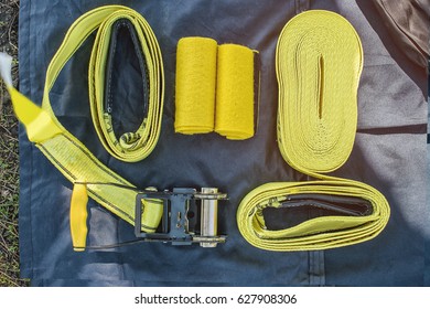 Equipment for slackline Slackline sling next to the machine and protection for the tree - Powered by Shutterstock