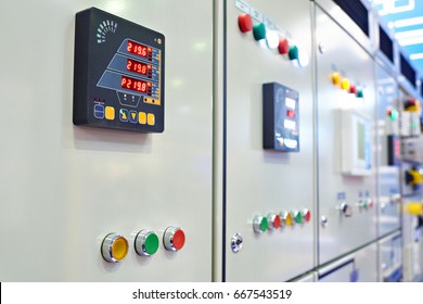 Equipment and systems control stand in industrial plant with different buttons