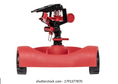 Equipment For Watering Garden. Closeup Of A Automatic Sprinkler For Irrigation Of Lawn Or Grass Isolated On A White Background. Macro.