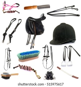 Equipments Of Horse Riding In Front Of White Background