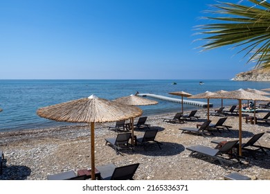 Equipped Beach With Sun Loungers And Umbrellas On The Mediterranean Coast