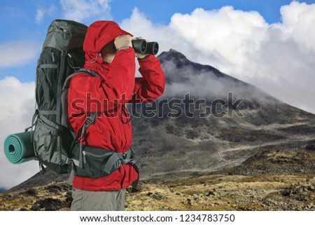 Similar – Hiker photographs the landscape