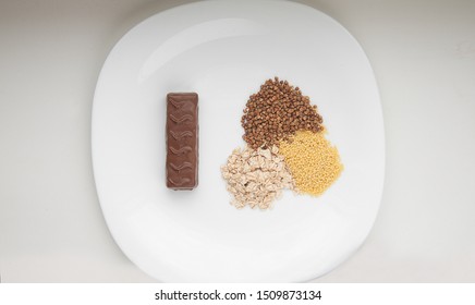 The Equivalent Of Simple To Complex Carbohydrates, Simple And Complex Carbohydrates On One Plate, Harmful And Healthy Carbohydrates On A Plate