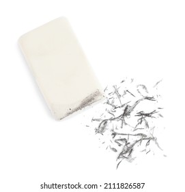 Eraser And Crumbs On White Background, Top View