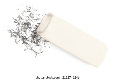 Eraser And Crumbs On White Background, Top View