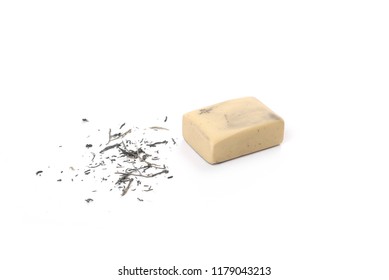 Eraser With Graphite Pencil Shavings Isolated On White Background