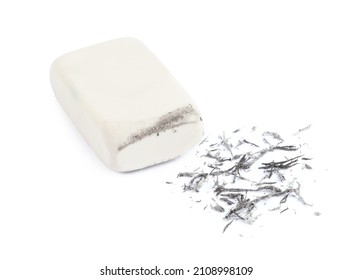 Eraser And Grey Crumbs On White Background