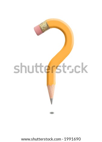 Eraser pencil bend into question mark over white background