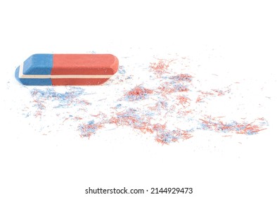 Eraser and eraser scrap isolated on a white background. Rubber eraser for ink pen and pencil.