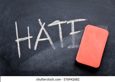 erasing hate, hand written word on blackboard being erased concept