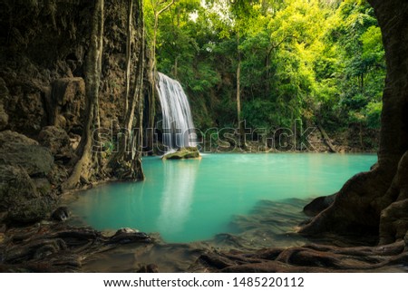 The Erawan fall , The water fall in Erawan National Park in Kanchanaburi, Thailand, in rainy season. It is one of the most famous water fall in Thailand.