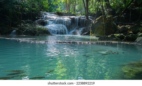 Erawan very beautiful waterfall in Kanchanaburi Thailand ,the most destination of national park - Shutterstock ID 2238892219
