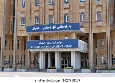 Erbil, Kurdistan / Iraq - 27 September 2017: Kurdish Parliament Building Entrance And Sign