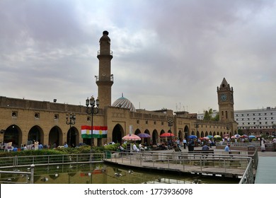 Erbil, Kurdistan / Iraq - 27 September 2019: Main Square Patio Brick Walls Citadel Downtown Central View At Dusk Market Souq Bazar People Selling Sellers Kurdish Flag