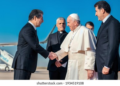 Erbil,Kurdistan, Iraq – March 7, 2021: Pope Francis Warm Welcomed By Nechirvan Barzani  President Of The Kurdistan Region And Masrour Barzani Prime Minister Of The Kurdistan Region