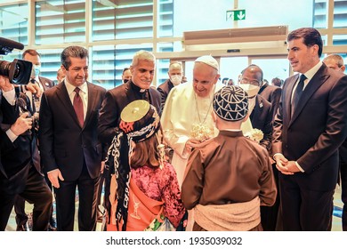 Erbil,Kurdistan, Iraq – March 7, 2021: Pope Francis Warm Welcomed By The People Of Kurdistan, During His Vist To Kurdistan
