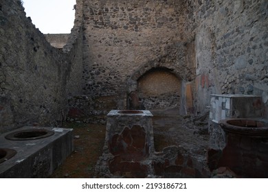 Ercolano, Italy - August 13, 2020: Ercolano Archeological Excavations. Roman City Remains And Ruins. Heritage Of Mediterranean Culture. Italian Unesco Site