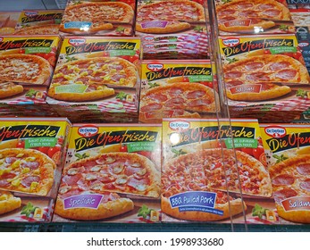 Erfurt, Germany - 06 26 2021 Frozen Pizza In A Freezer Brand Dr.Oetger Variety The Oven Fresh