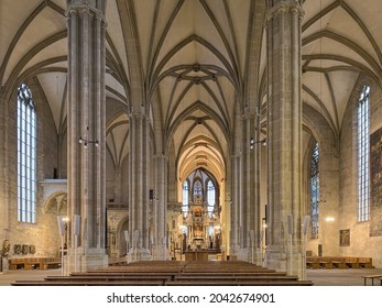 ERFURT, GERMANY - DECEMBER 12, 2018: Interior of Erfurt Cathedral (St Mary's Cathedral). The church was founded in the 12th century. It is the episcopal seat of the Roman Catholic Diocese of Erfurt.