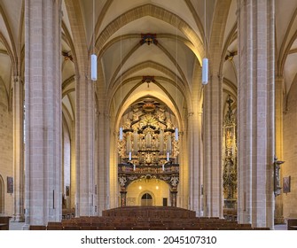 ERFURT, GERMANY - DECEMBER 12, 2018: Interior of Church of St. Severus. Construction on the church began in the 1270s. It was consecrated in 1308. The organ was built in 1930 in the case from 1714.